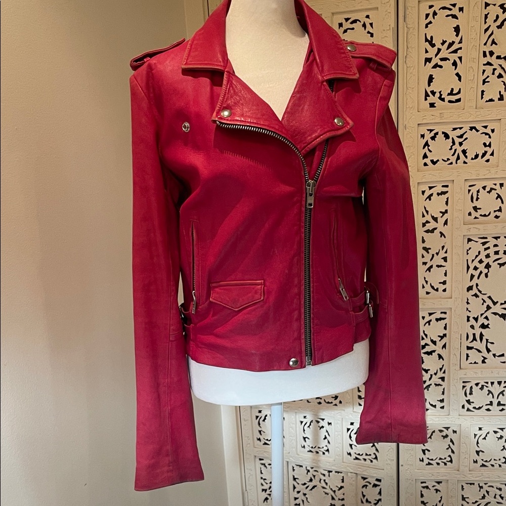 IRO distressed, raspberry Leather Asymmetric Moto Jacket